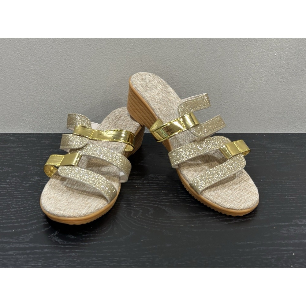 Women's Beige Gold Slip-On Sandals Sandals With Glitter, Size 39 ( 7.5-8 US) NEW
